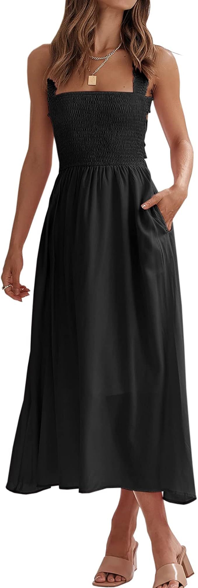 Pepochic Women's Square Neck Tie Back Midi Dress Criss Cross Straps A Line Smocked Sleeveless Dre... | Amazon (US)