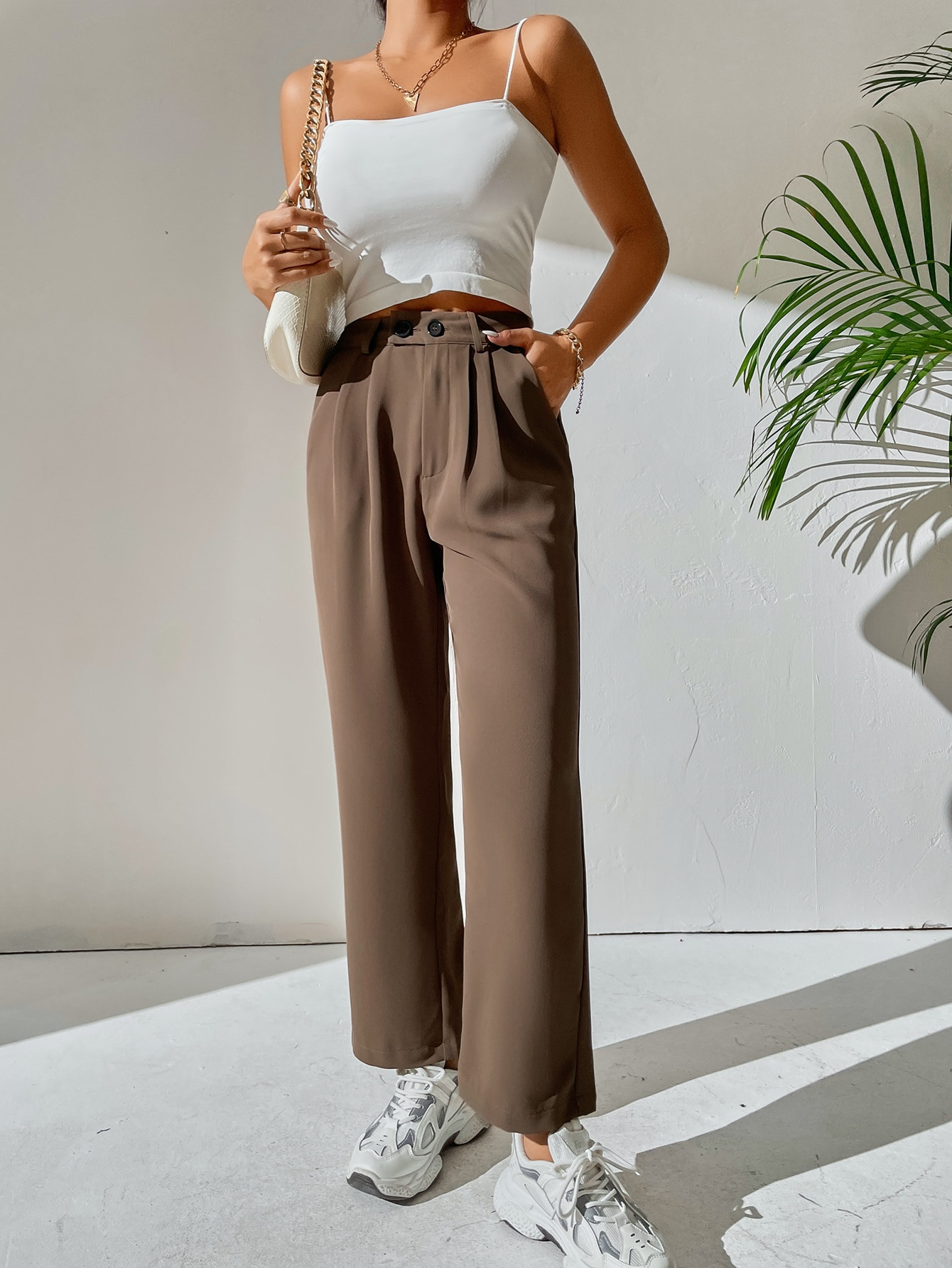 SHEIN PETITE High Waist Plicated Detail Dress Pants | SHEIN USA | SHEIN