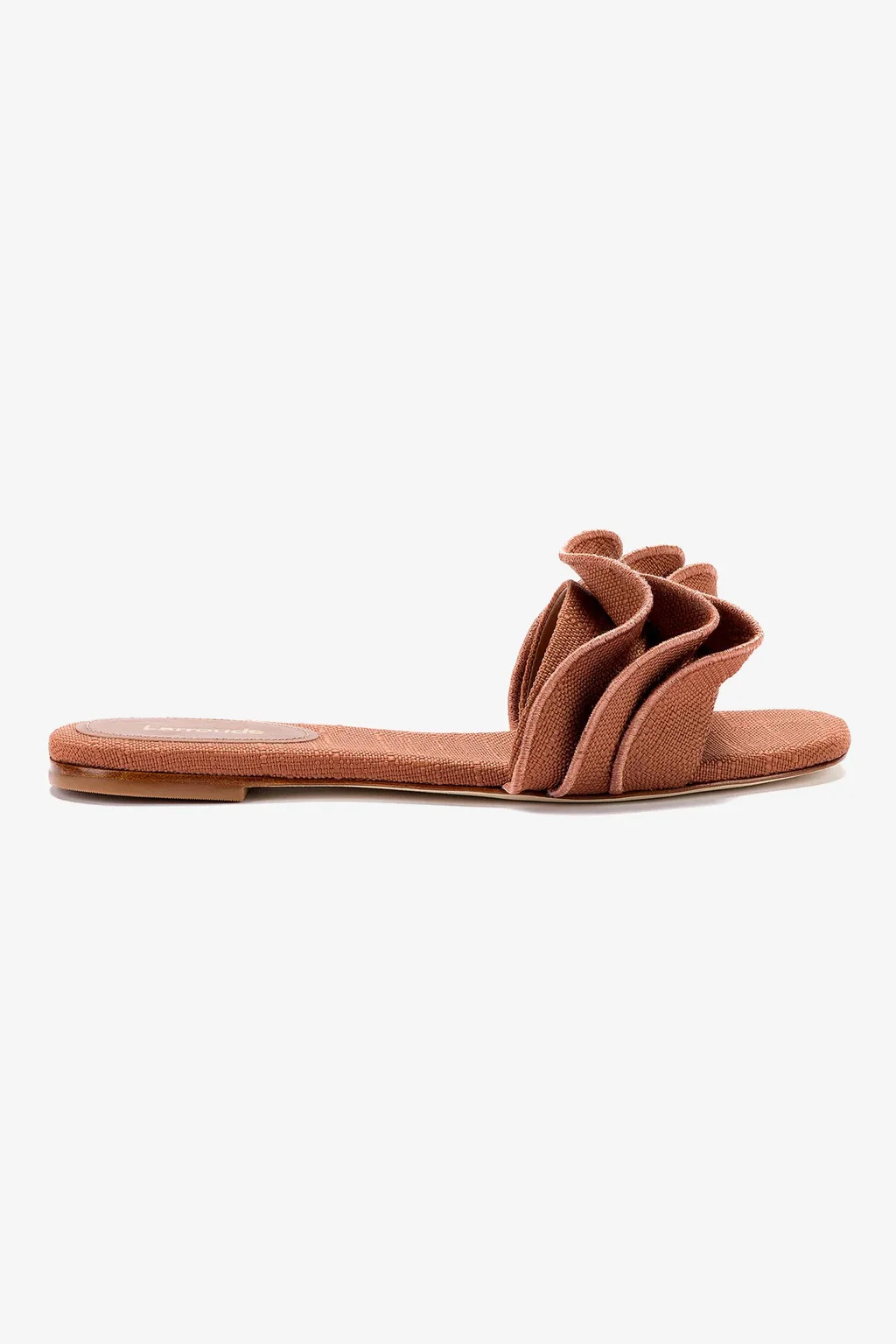 Ivy Ruffle Flat Mule In Caramel Raffia | Larroude
