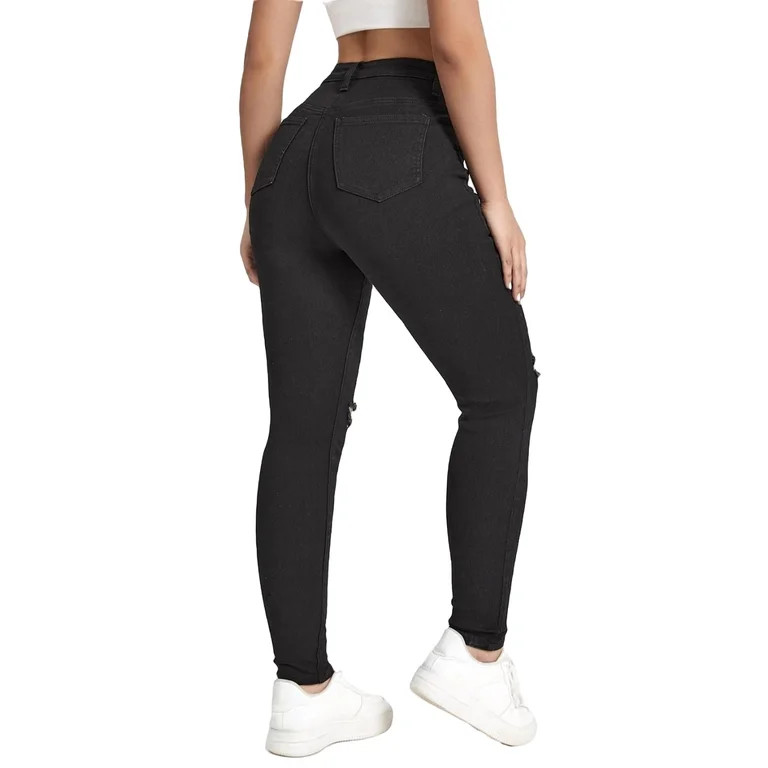 Women's High Waist Ripped Stretch Skinny Jeans Black - Walmart.com | Walmart (US)