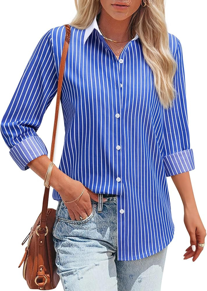 Striped Button Down Shirts for Women Cotton Dress Shirt Long Sleeve Collared Blouse Tops Business... | Amazon (US)
