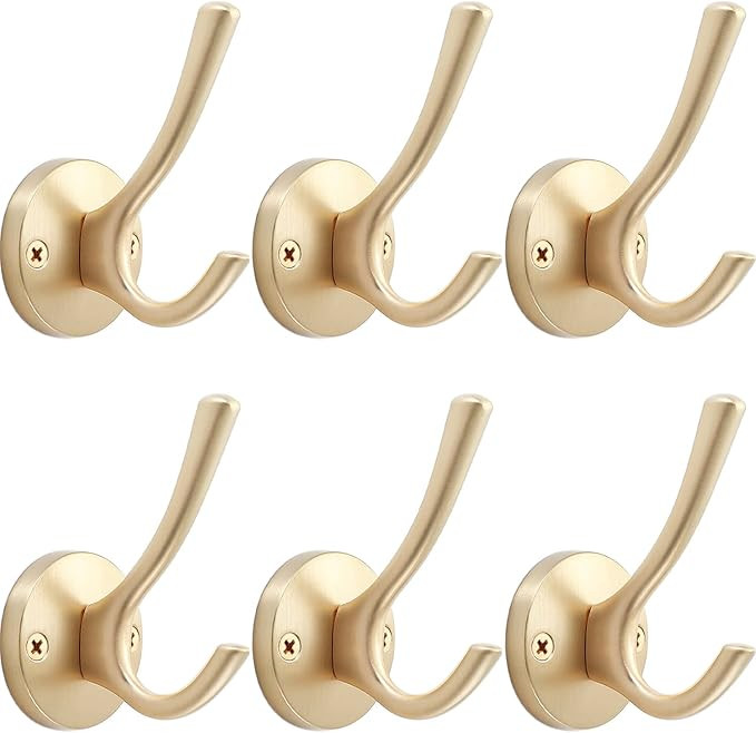 Gold Wall Hooks, 6 Pack Coat Robe Hook Heavy Duty Metal Double Bath Hook Wall Mounted, Hand Towel... | Amazon (US)