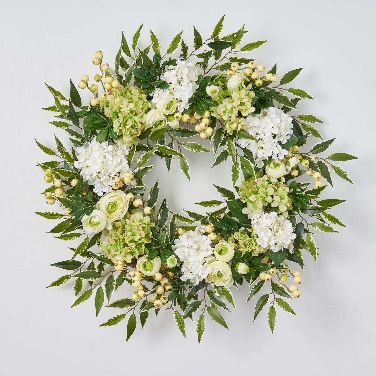 Cream & Green Hydrangea, Ranunculus, Berry Spring Summer Front Door Wreath | Darby Creek Trading