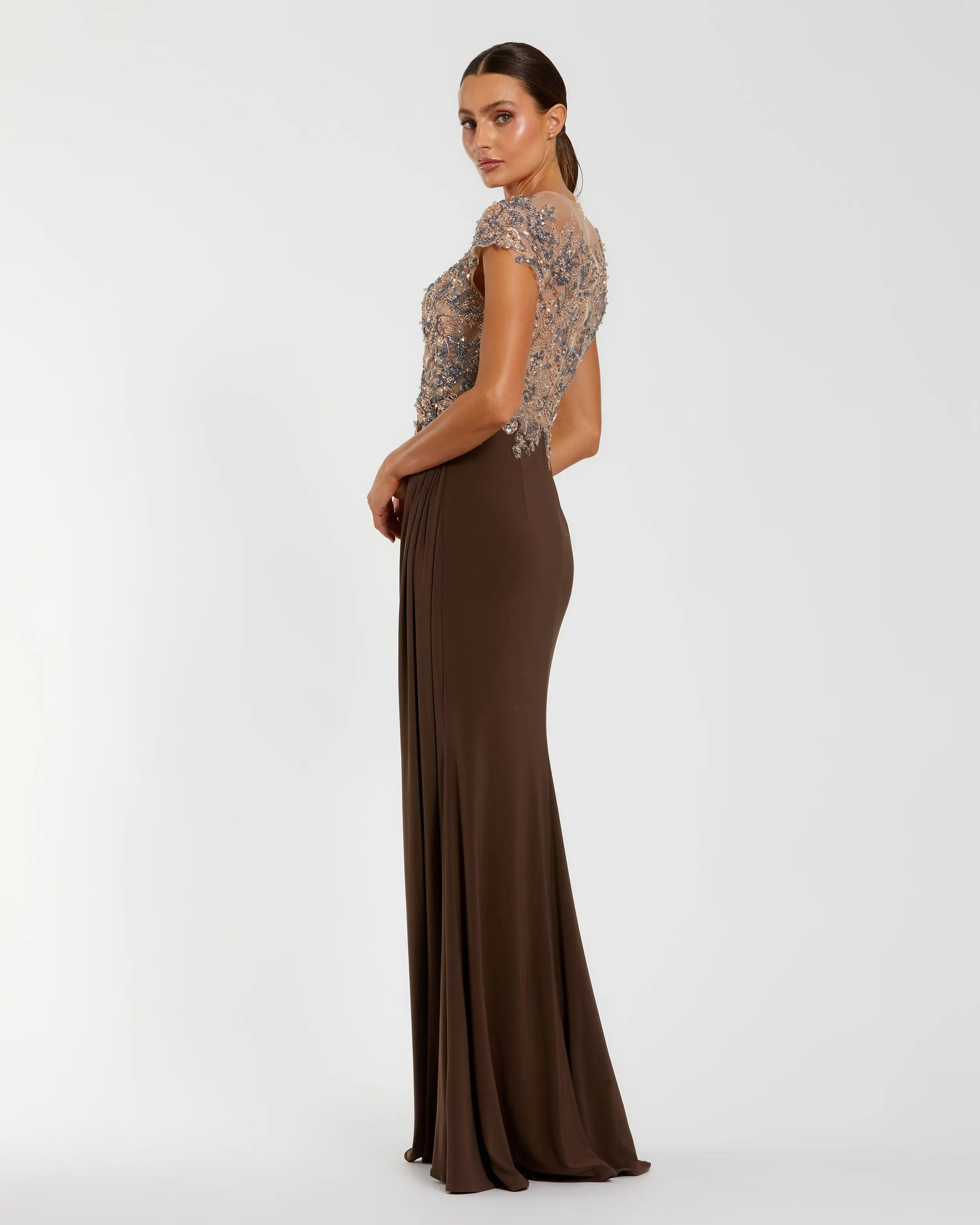 Brown Crystal Applique Embellished Jersey Gown | Mac Duggal | Mac Duggal