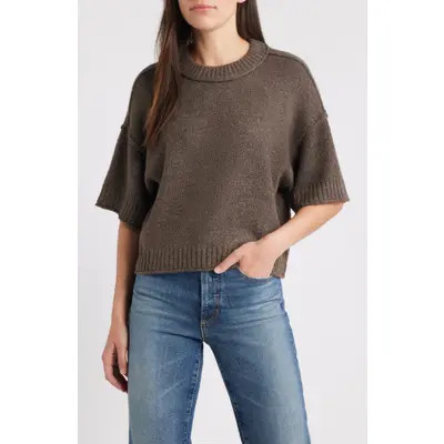 CITY BLUES Broome Crop Short Sleeve Sweater in Khaki at Nordstrom, Size Medium | Nordstrom