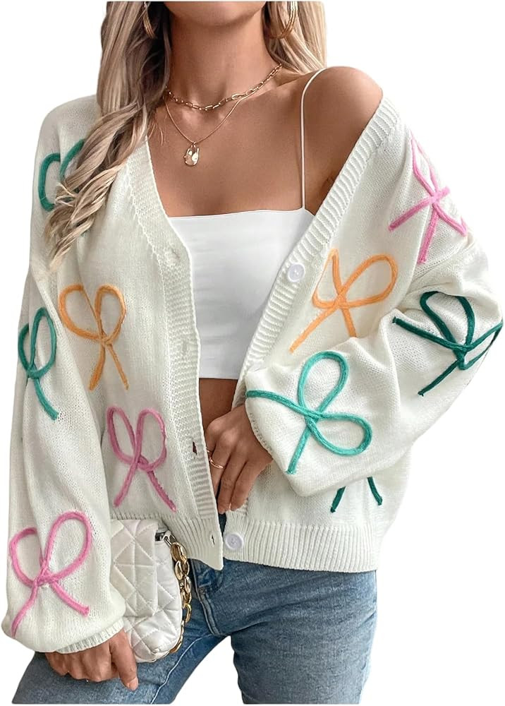 GORGLITTER Women's Colorful Cardigan Embroidered Bow Button Up Long Sleeve Oversized Cozy Cute Fa... | Amazon (US)