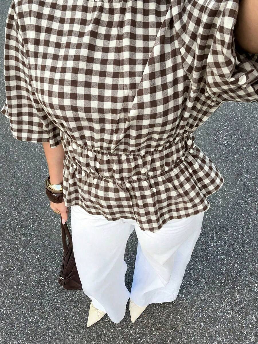 Siren Gaze New Brown Plaid Gingham Puff Sleeve Blouse For Women Summer, Round Neckline Casual Shirred Waist Peplum Top, Daily Wear Shirt, Elegant | SHEIN