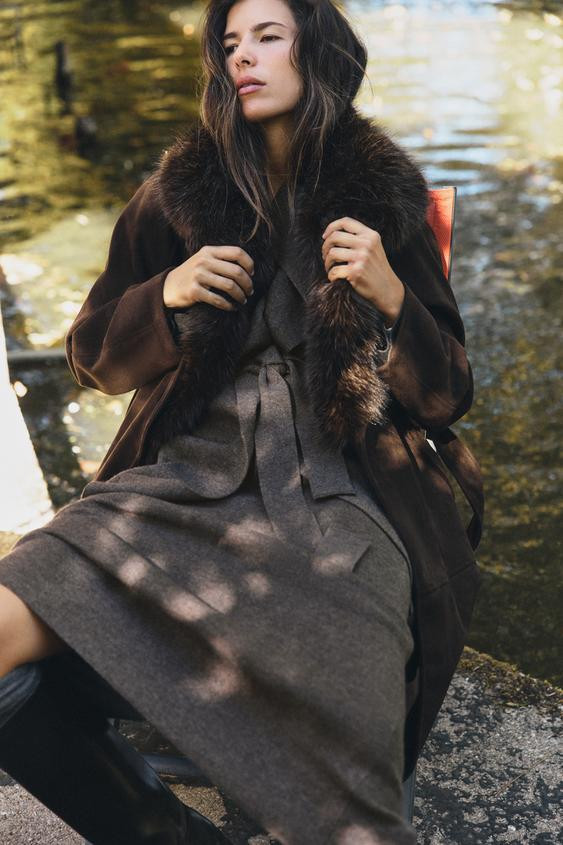 Zara - Faux Fur Collar Belted Coat - Brown - Xs - Woman | Zara US