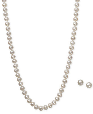 White Cultured Freshwater Pearl (6mm) Necklace and Matching Stud (7-1/2mm) Earrings Set in Sterli... | Macy's