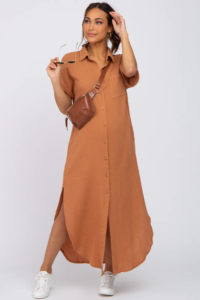 Camel Button Down Maternity Midi Dress | PinkBlush Maternity