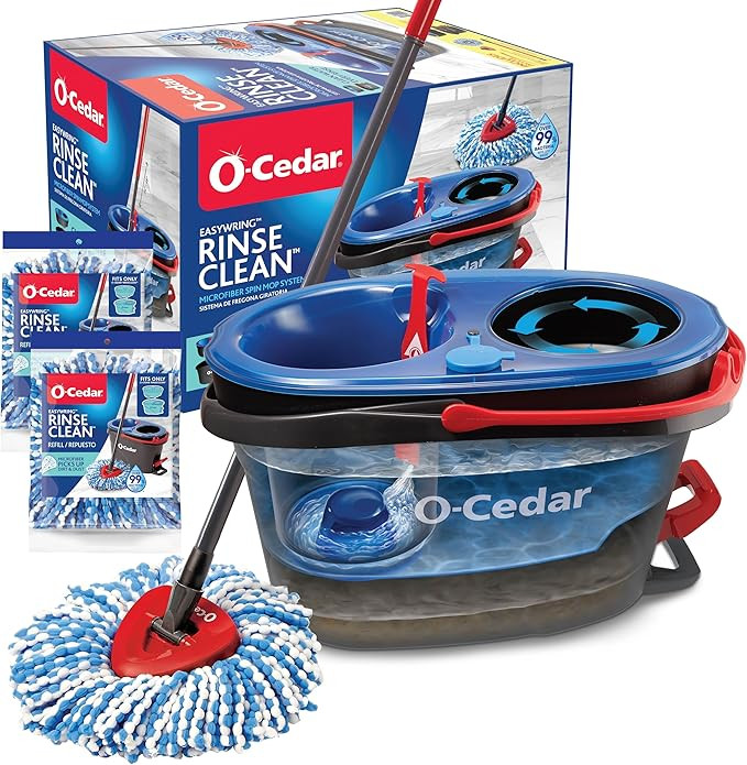 O-Cedar RinseClean Spin Mop & Bucket System + 2 Extra Mop Heads| Clean with Water | Removes 99% o... | Amazon (US)