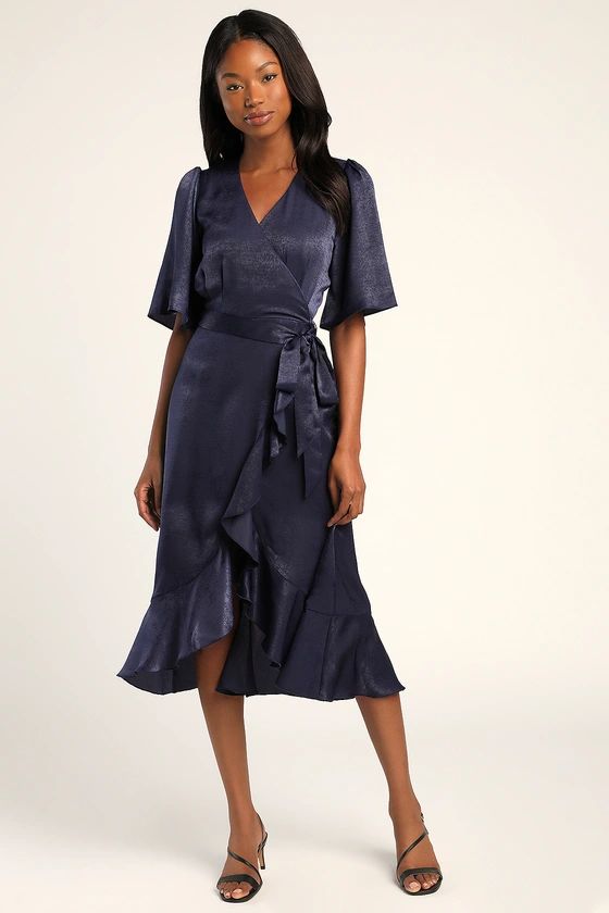 Wrapped Up In Love Navy Blue Satin Faux-Wrap Midi Dress | Lulus (US)