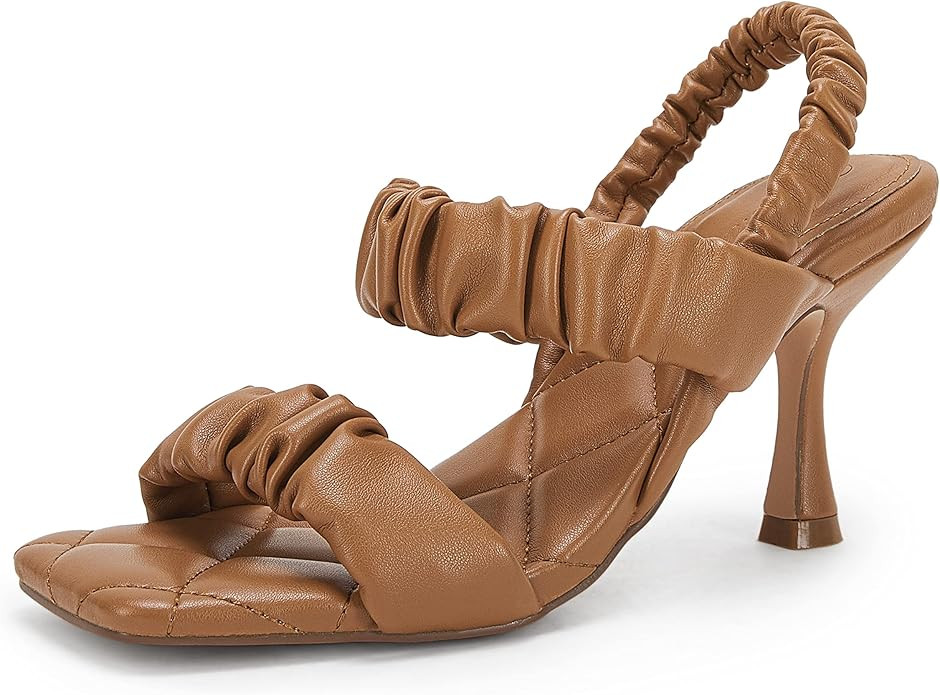 Womens Square Open Toe Heeled Sandals Ruched Faux Leather Stiletto Slingback Strap Slip On Sandal... | Amazon (US)