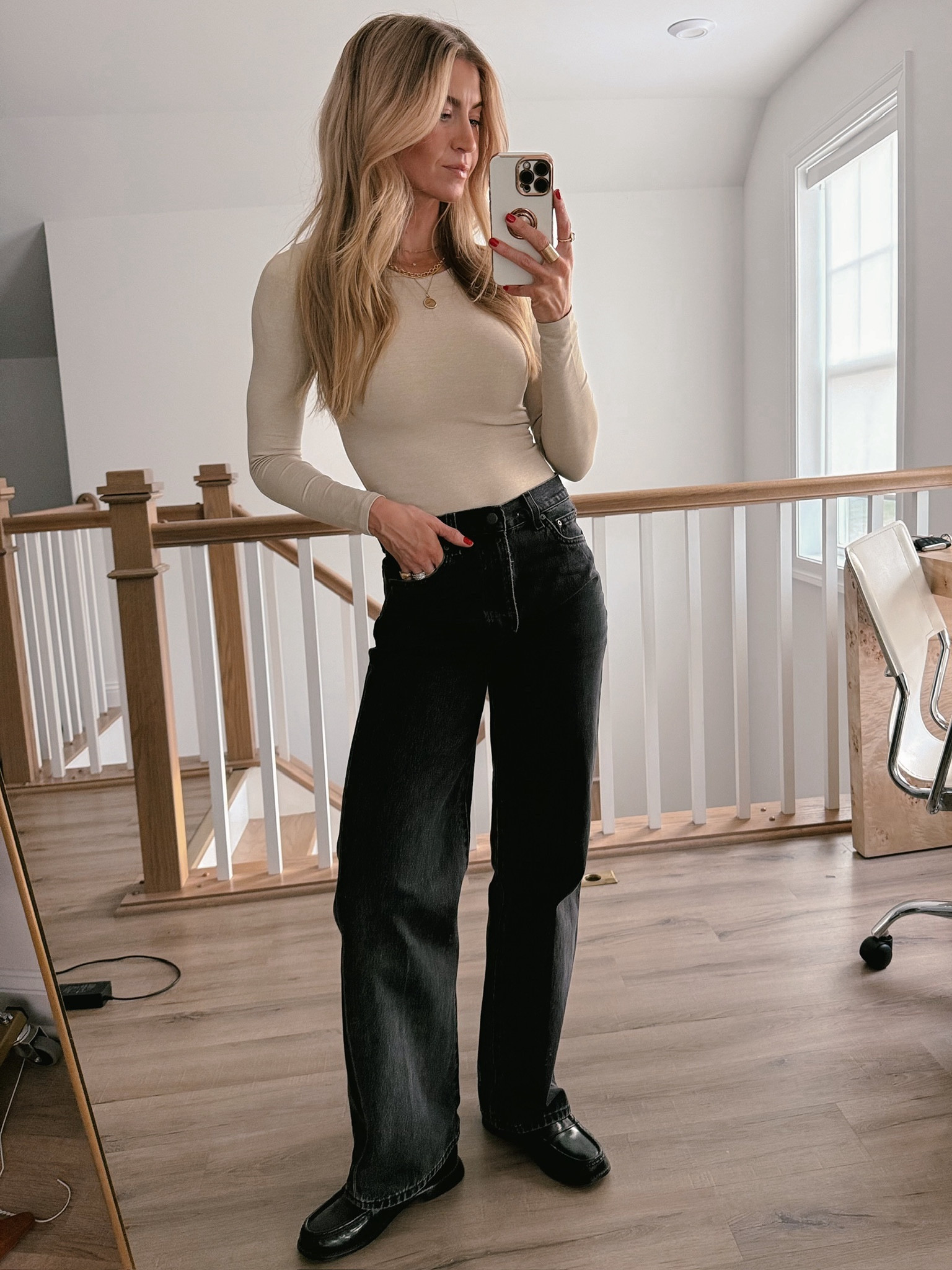 Casual bodysuit + wide straight leg denim. 
Denim: runs small, I order 1 size up. 
Bodysuit: on major sale! runs small, wearing a S
Loafers: TTS, most comfortable loafers I own 

#LTKSeasonal #LTKBeauty #LTKStyleTip