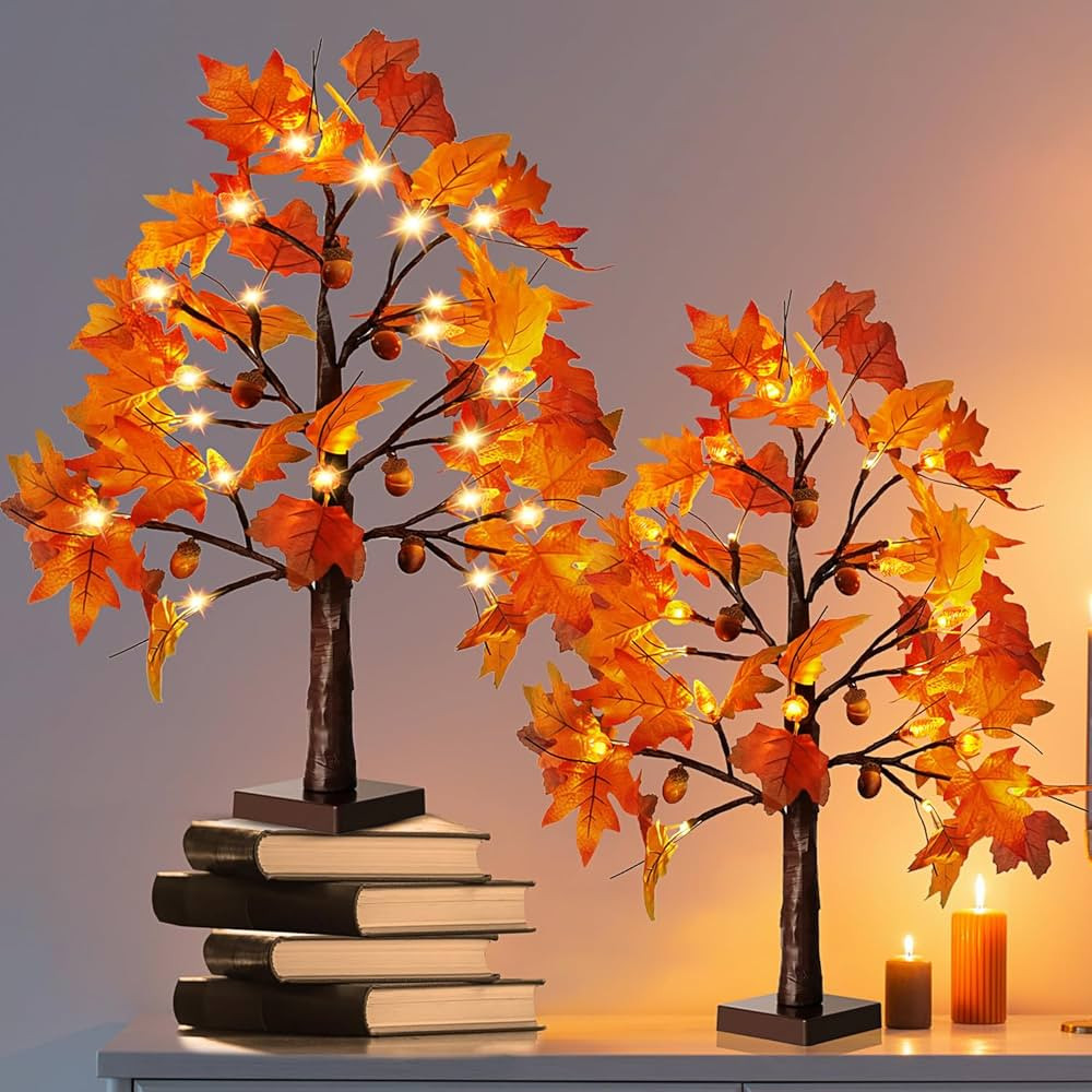 Fall Tree with Lights Thanksgiving Decorations: 2 Pack Maple Leaf Table Lighted Tree Home Decor T... | Amazon (US)
