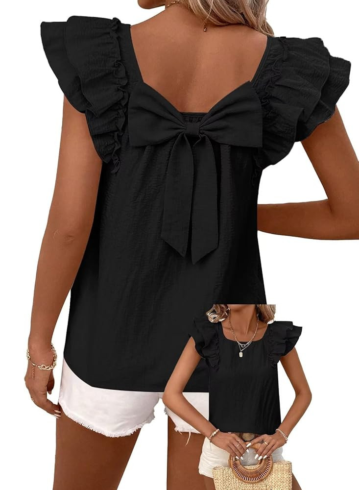 Womens Bow Tie Back Tops Round Neck Ruffle Short Sleeve Shirts Cute Babydoll Chiffon Tee Women Su... | Amazon (US)