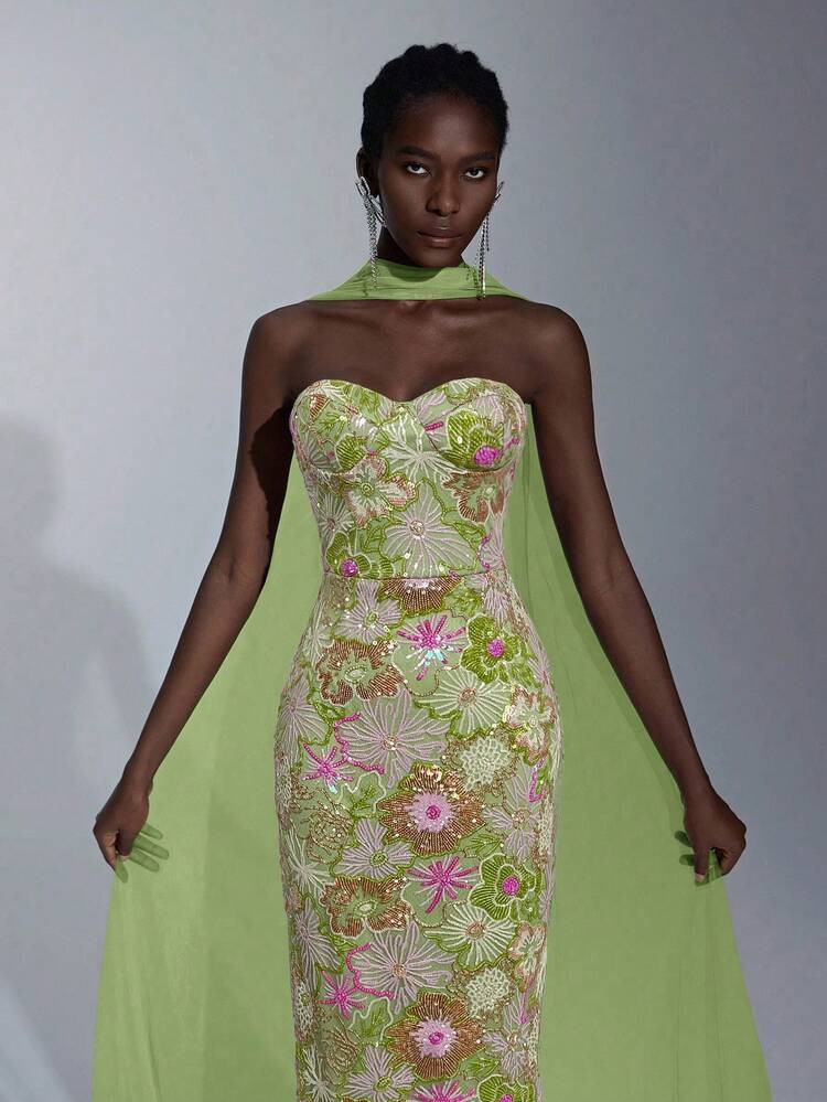 Elitara Elegant & Luxurious Multi-Color Beaded Embroidered Tube Backless Long Formal Evening Gown | SHEIN