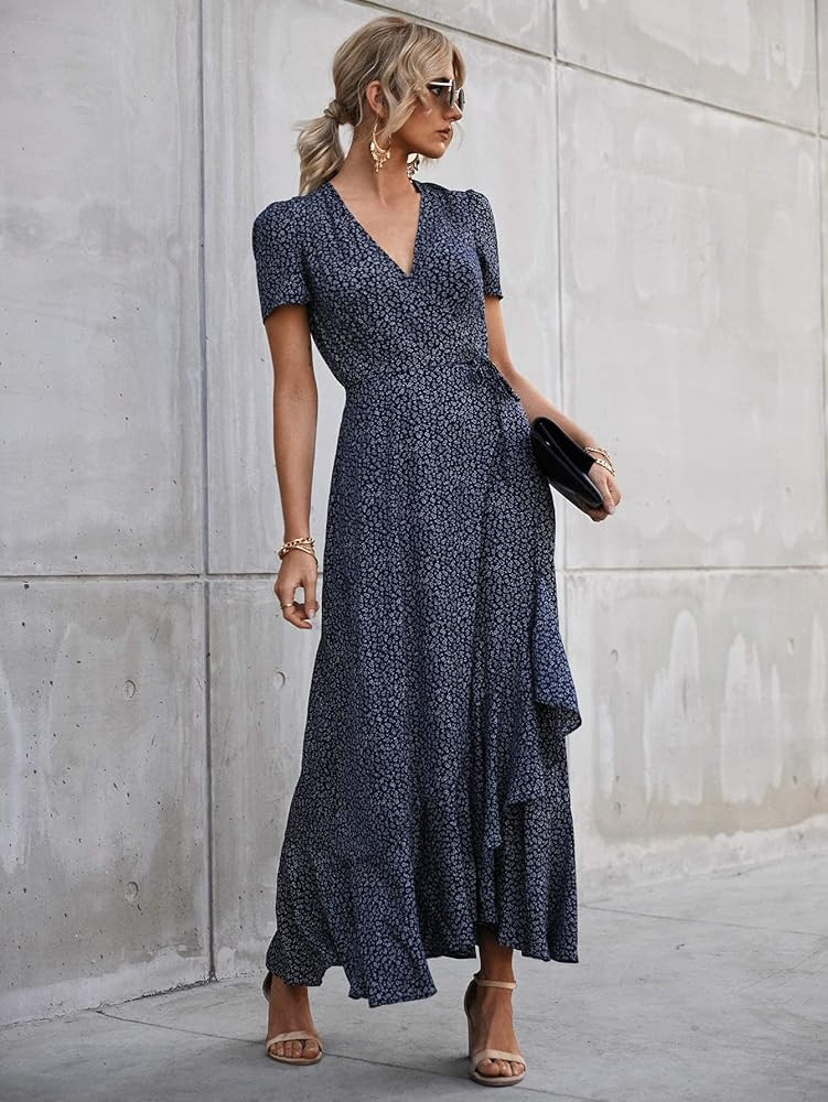 PRETTYGARDEN Women's Summer Wrap Maxi Dress Casual Boho Floral V Neck Short Sleeve Ruffle Hem Split  | Amazon (US)