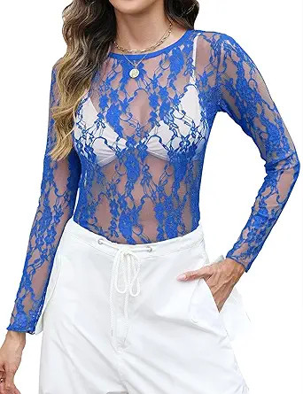 LOMON Womens Mesh Tops Lace Shirts Long Sleeve Crew Neck Sexy See Through Blouses Tee Party Club ... | Amazon (US)