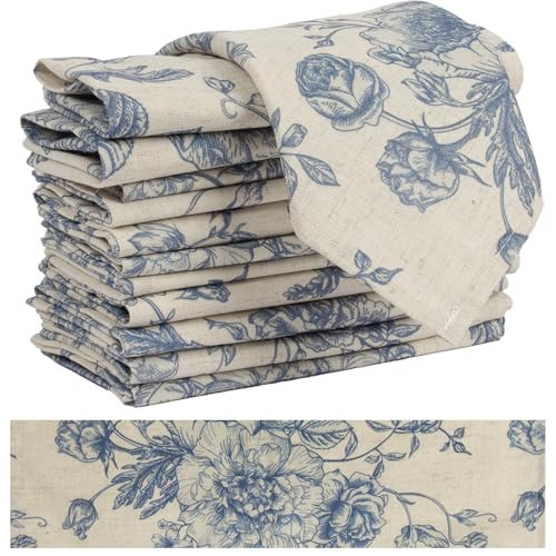 Blue Floral Cloth Napkins Set of 12, Vintage Linen Cotton Dinner Napkins 15x15 Inch - Reusable, Cottagecore Aesthetic Party Decorative Napkin Towels for Everyday Use, Weddings, and Holiday | Amazon (US)