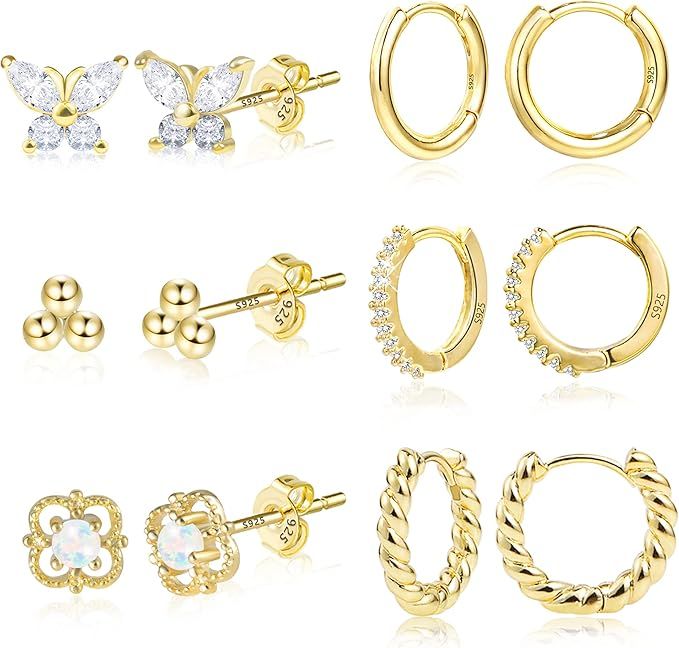 ALEXCRAFT Gold Hoop Earrings Diamond Stud Earrings Gold Earrings Set 14K Gold Plated Small Chunky... | Amazon (US)