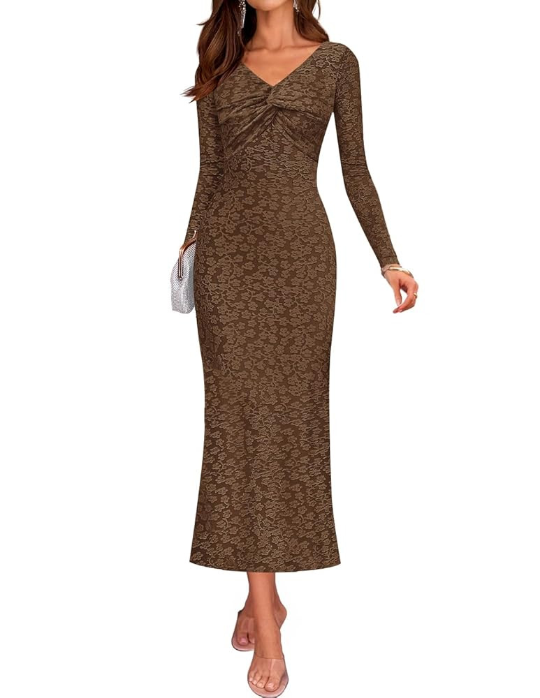 ZESICA Women's Fall Floral Long Sleeve Bodycon Dress 2025 Boho V Neck Cocktail Party Long Midi Dr... | Amazon (US)