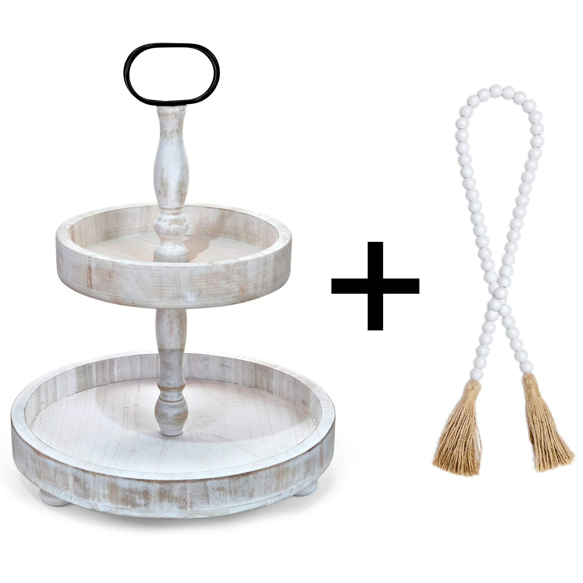 Farmhouse Tiered Tray with Beads Home Decor, Round 2 Tier Tray Cupcake Server, Kitchen Tiered Tra... | Walmart (US)