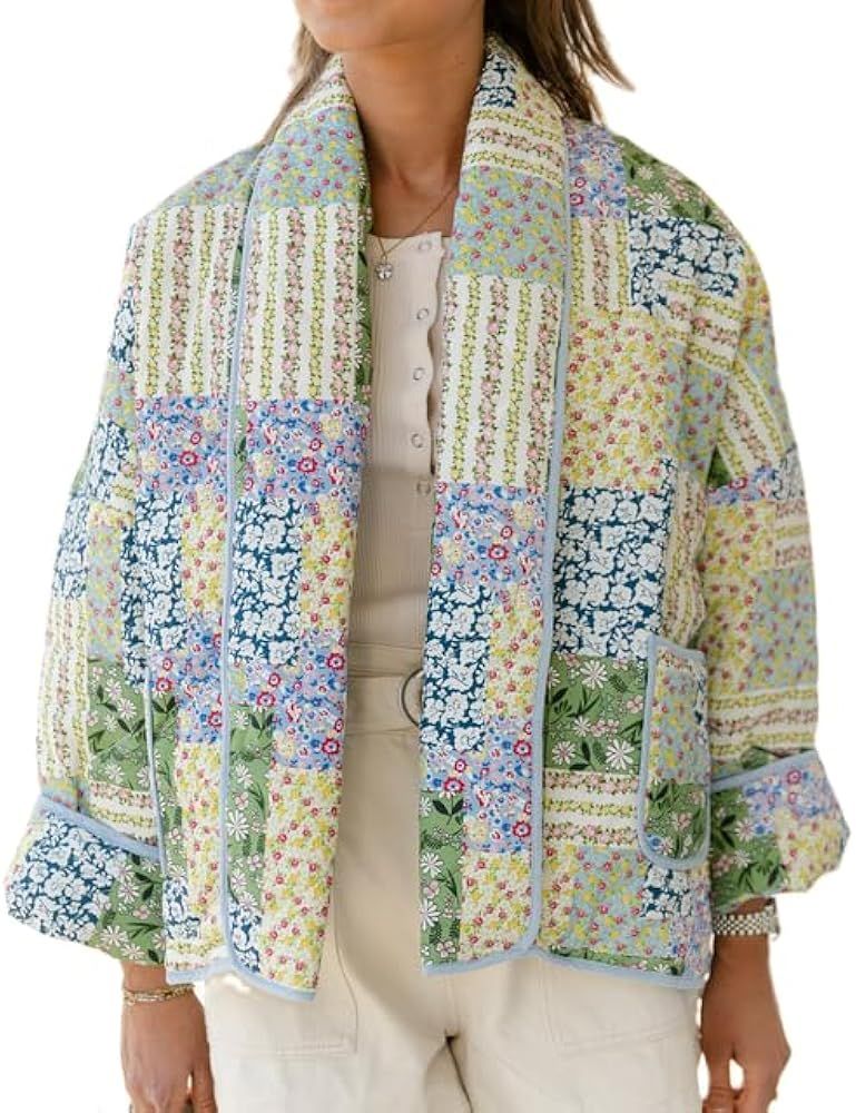 Muineobuka Women Y2k Floral Cropped Quilted Jacket Colorful Print Open Front Lightweight Diamond ... | Amazon (US)