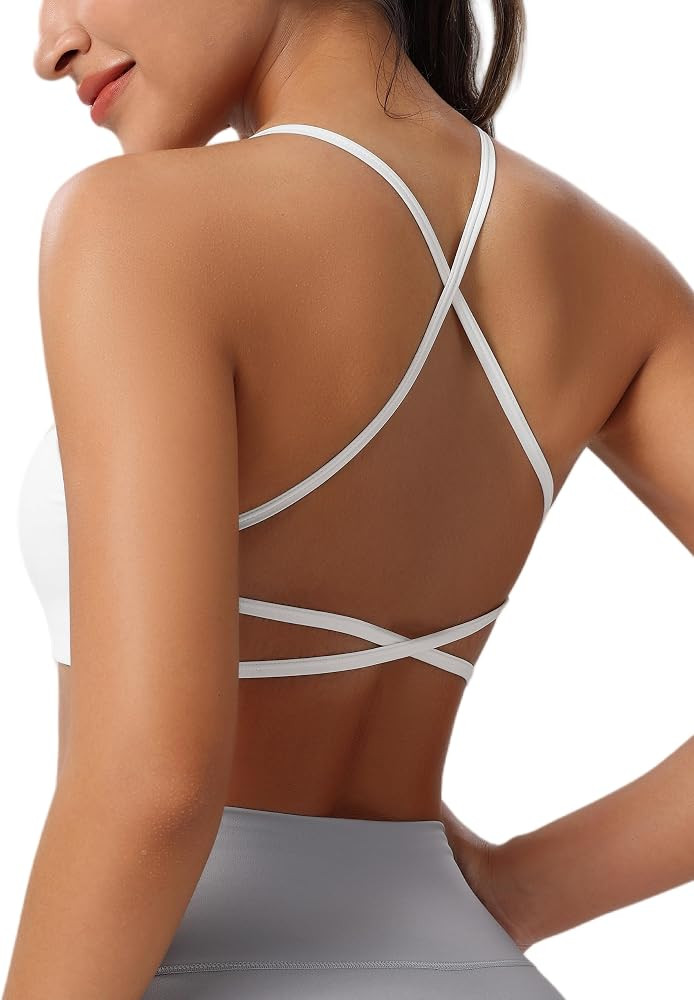 Strappy Sports Bra for Women,Spaghetti Straps Cross Open Back,Removable Padded,Low Impact Workout... | Amazon (US)