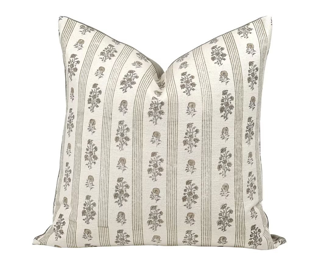 BLOSSOM | Designer Floral Linen Pillow Cover, Block Print Pillow, Neutral Floral Pillow, Spring F... | Etsy (US)