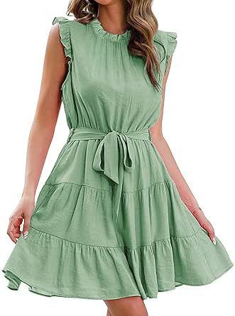 Infashule Womens Summer Dresses Ruffled Sleeve Tiered Waist Tie A Line Swing Beach Dresses Casual... | Amazon (US)
