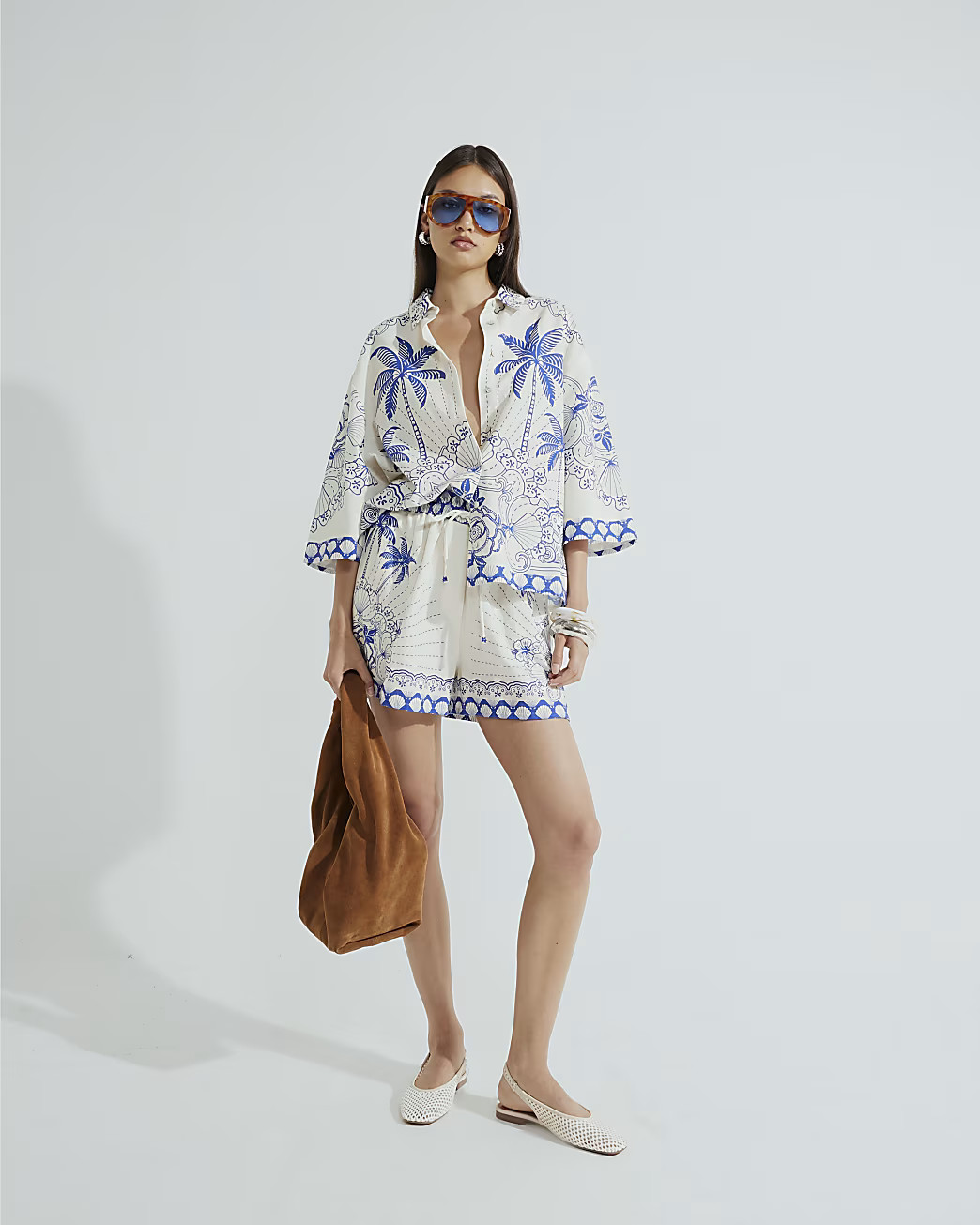 Blue Short Sleeve Boxy Fit Shell Print Shirt | River Island UK & IE