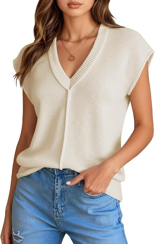 Saodimallsu Cap Sleeve V Neck Loose Fit Sweater Pullover Tops | Amazon (US)