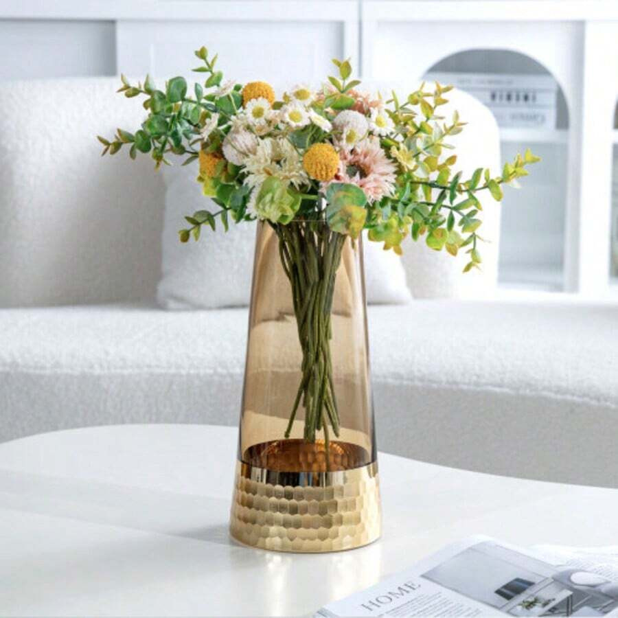 MyGift X Heather Rae Amber Brown Vase With Gold Hammered Base, 9.5 Inch Glass Flower Vase, Decora... | SHEIN