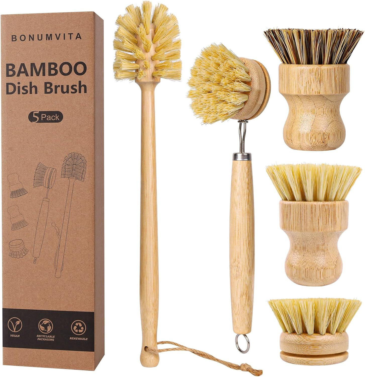 5 Pack Bamboo Dish Brush Set, Wooden Dish Brush with 14’’ Bottle Brush, Natural Kitchen Scrub... | Amazon (US)