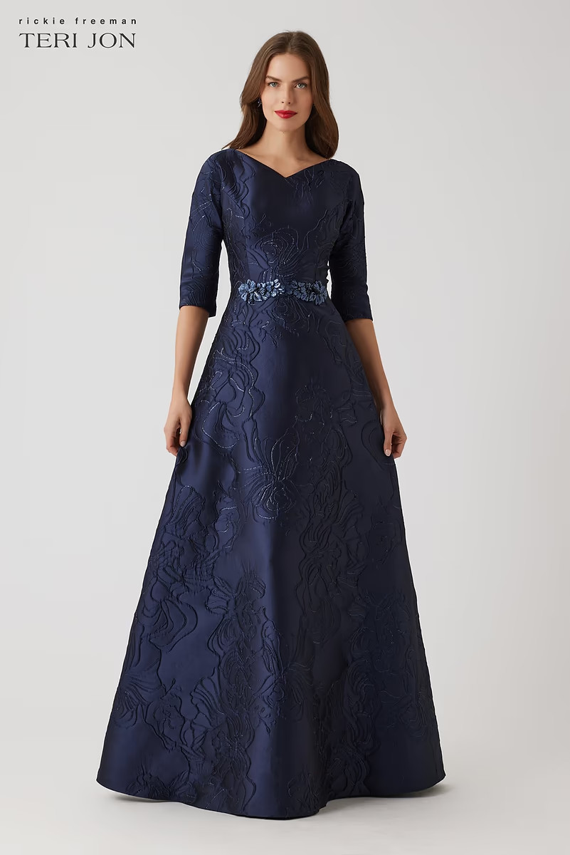 Floral Metallic Jacquard A Line Beaded Belt Gown | TERI JON