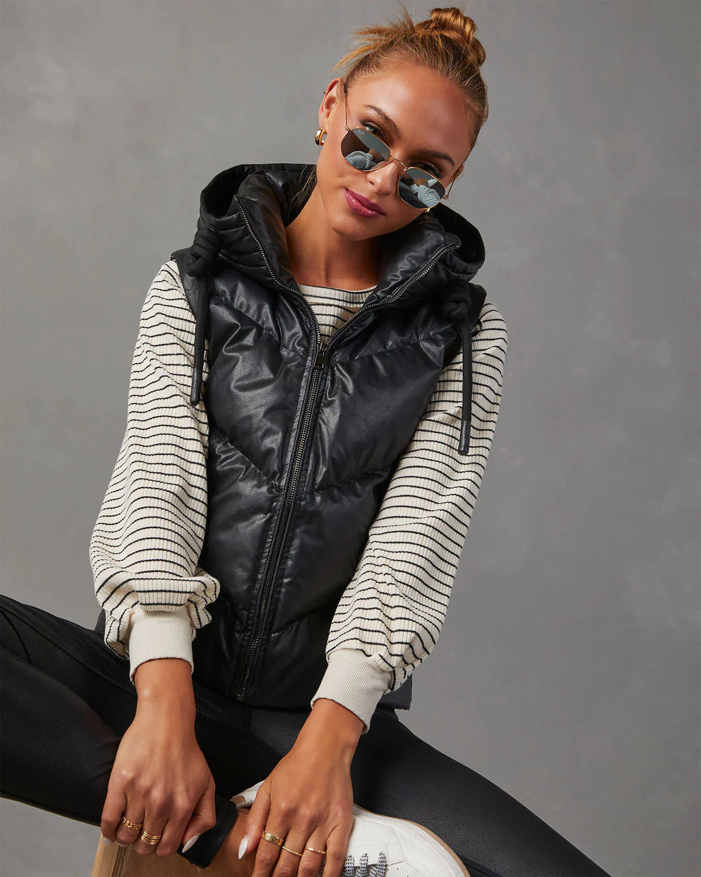 Shelton Pocketed Hooded Faux Leather Puffer Vest | VICI