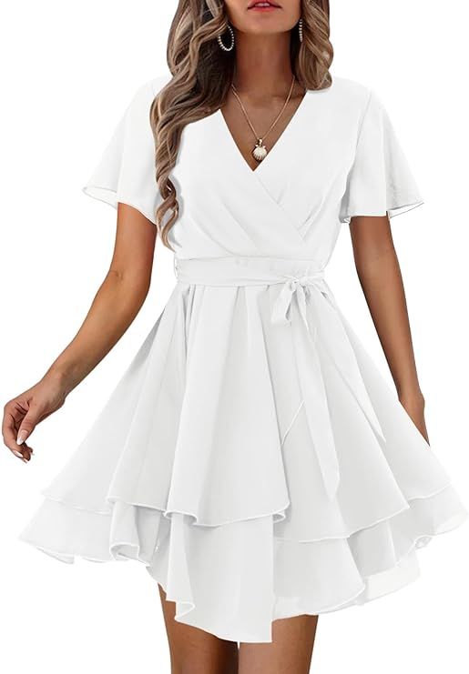 Amoretu Women's 2024 Summer Wrap Dress Short/Long Sleeve Casual V Neck Ruffle Mini Dresses | Amazon (US)