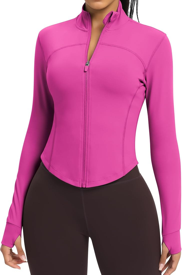 Women BBL Jacket Full Zip UP Workout Athletic Cropped Jacket wIth Thumb Holes Running Yoga Sports... | Amazon (US)