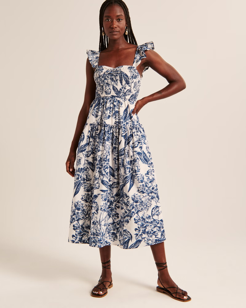 Women's Ruffle Strap Smocked Midi Dress | Women's Dresses & Jumpsuits | Abercrombie.com | Abercrombie & Fitch (US)