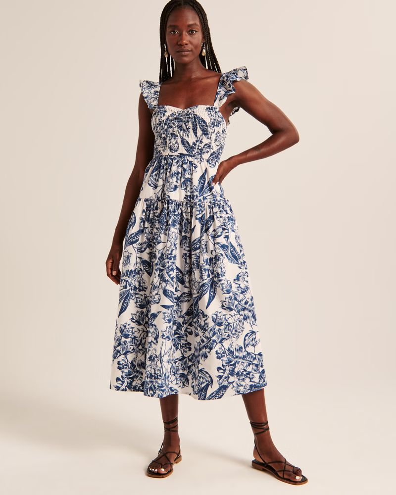 Women's Ruffle Strap Smocked Midi Dress | Women's Dresses & Jumpsuits | Abercrombie.com | Abercrombie & Fitch (UK)