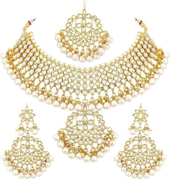 Aheli Faux Kundan Necklace Earrings Maang Tikka Set Indian Ethnic Wedding Fashion Jewelry Set for Wo | Amazon (US)