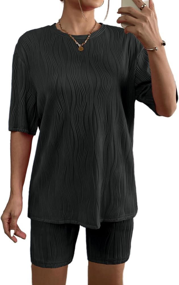 Ekouaer Pajamas 2 Piece Lounge Sets Short Sleeve Matching Outfits Oversized Shirt Biker Shorts Se... | Amazon (US)