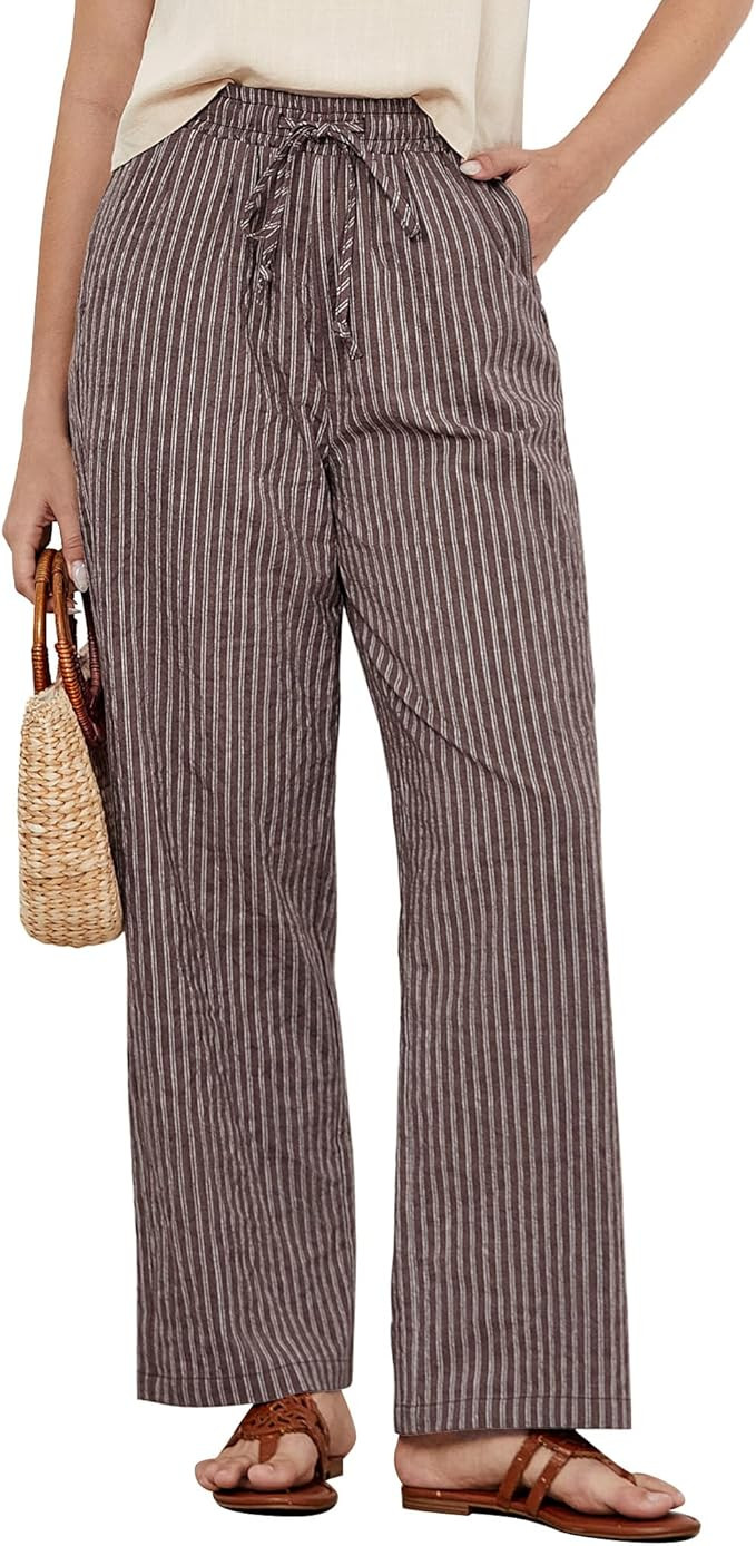 GRAPENT Striped Pants for Women High Waisted Wide Leg Cotton Linen Trendy Beach Pull on Elastic W... | Amazon (US)