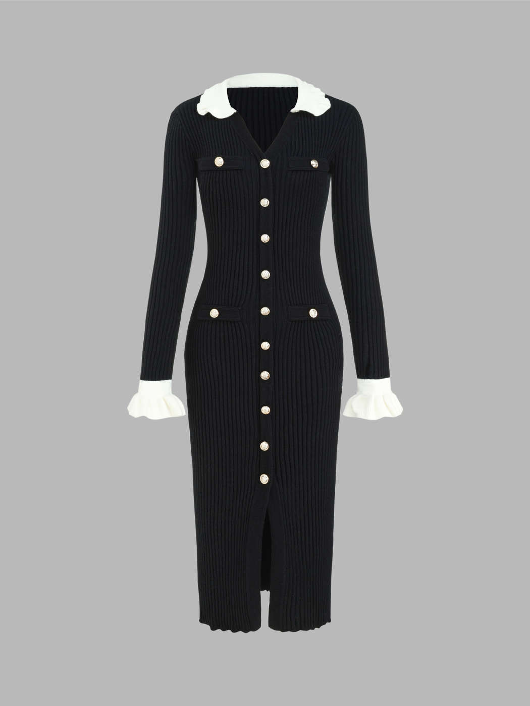 Robe Midi en Maille à Boutons et Volants à Col en V | Cider