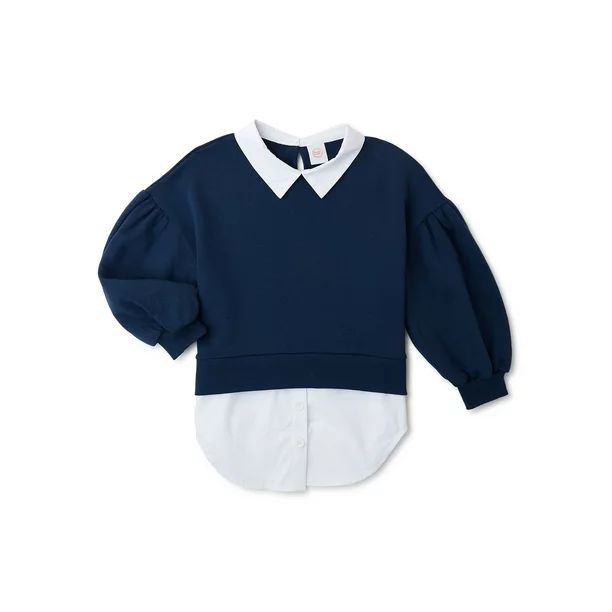 Wonder Nation Girls Layered Look Sweatshirt with Collar, Sizes 4-18 & Plus - Walmart.com | Walmart (US)