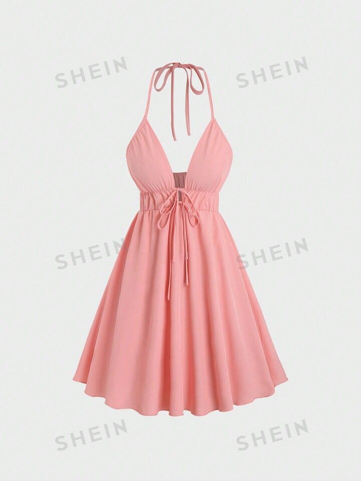 SHEIN MOD Women's Halter Neck Tie Front Dress | SHEIN