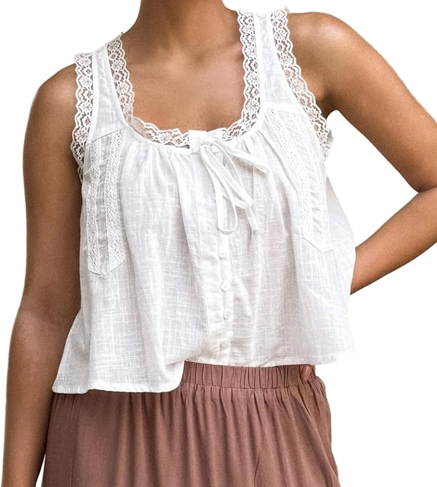 Womens Boho Lace Trim Tank Top Y2K Tie Front Sleeveless Button Down Shirt Flowy Babydoll Cami Top... | Amazon (US)