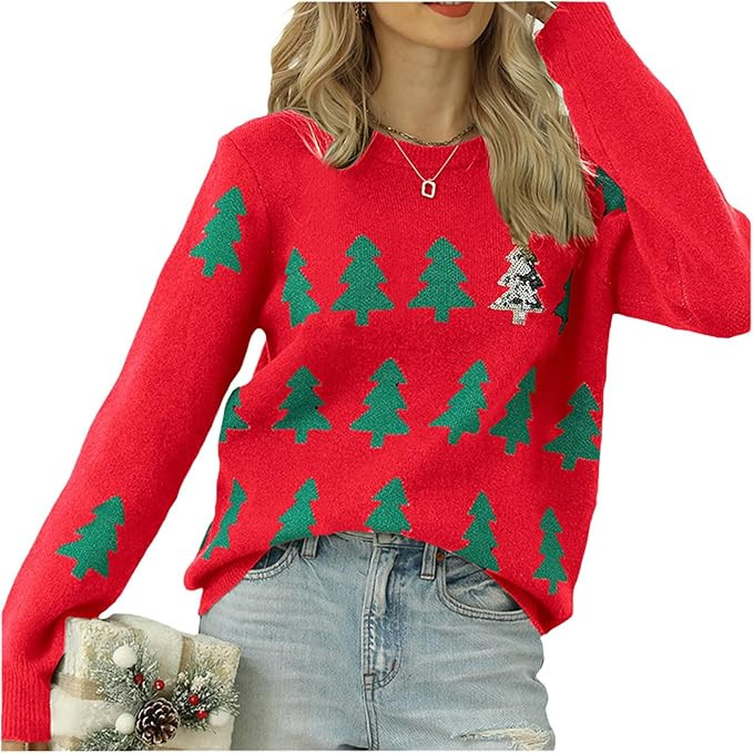 Women's Ugly Funny Christmas Sweaters Long Sleeve Knit Pullover Sweater Cute Reindeer Tree Snowfl... | Amazon (US)