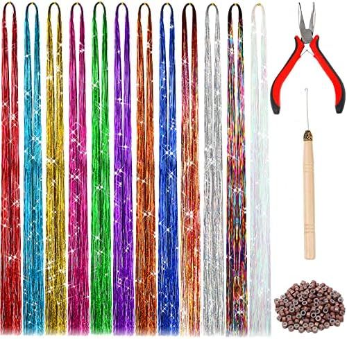 47 Inches Tinsel Hair Extension with Tool 2400 Strands 12 Mixed Colors Hair Extension Tinsel Kit ... | Amazon (US)